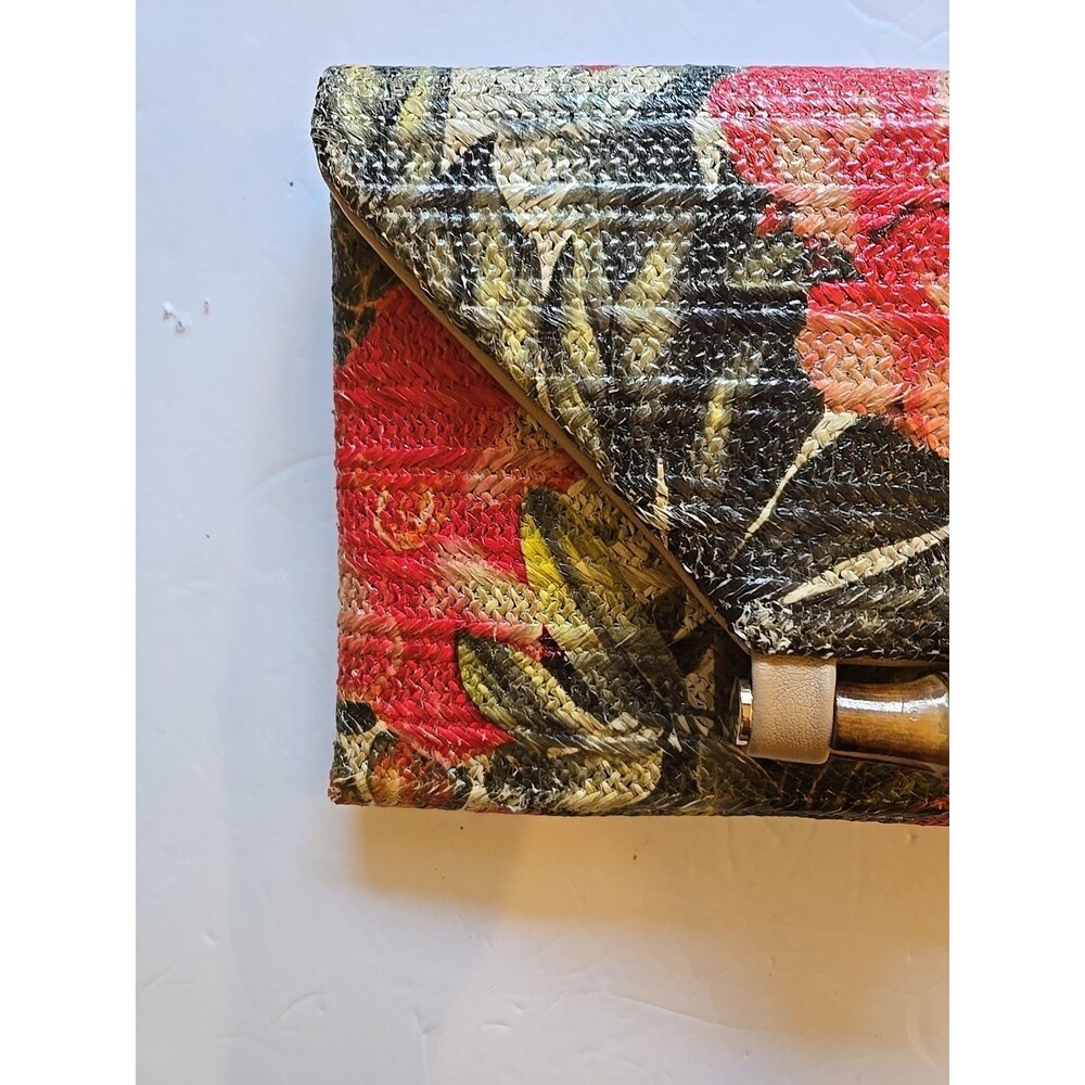Sondra Roberts Squared Raffia Purse NEW Multicolor Floral Bamboo Clasp -oc- - Picture 3 of 16